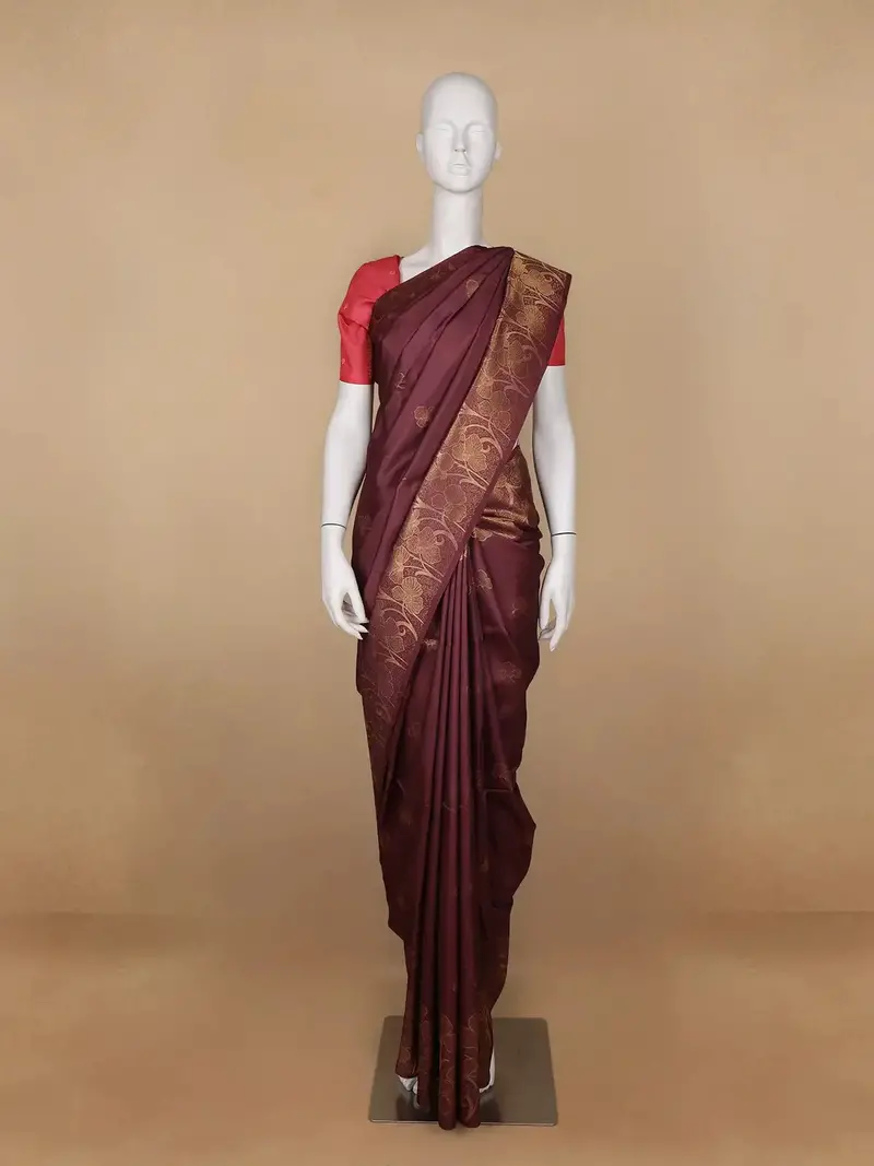 Dark Red Floral Weave Semi Tussar Saree 1
