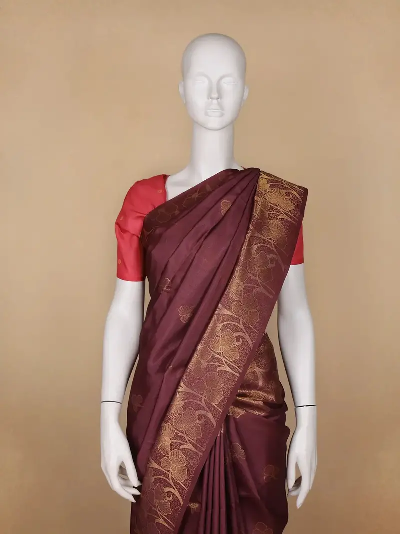 Dark Red Floral Weave Semi Tussar Saree 2