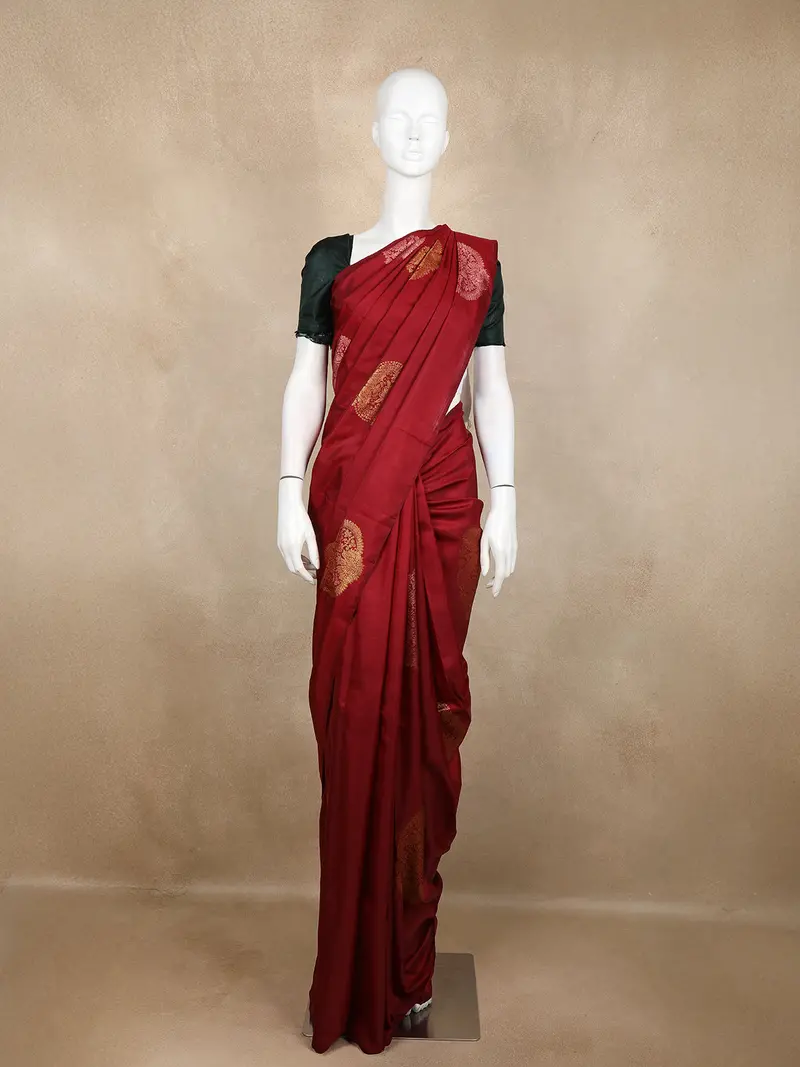 Dark Red Floral Woven Kanchipuram Silk Saree 1