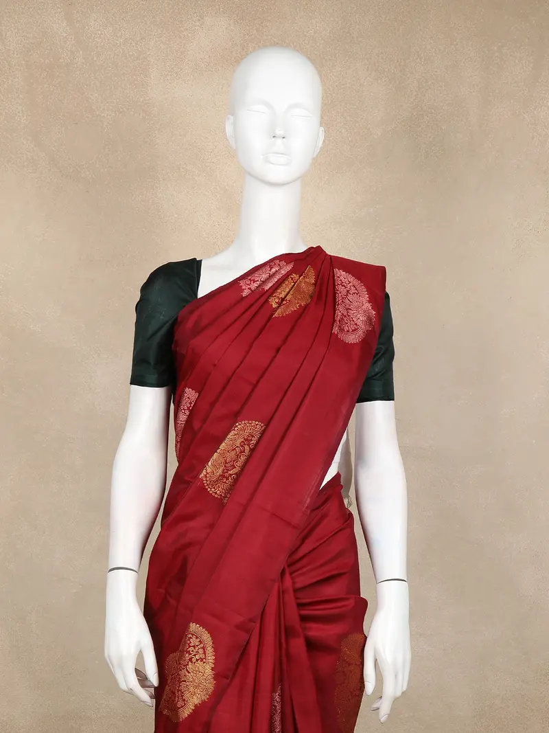 Dark Red Floral Woven Kanchipuram Silk Saree 2