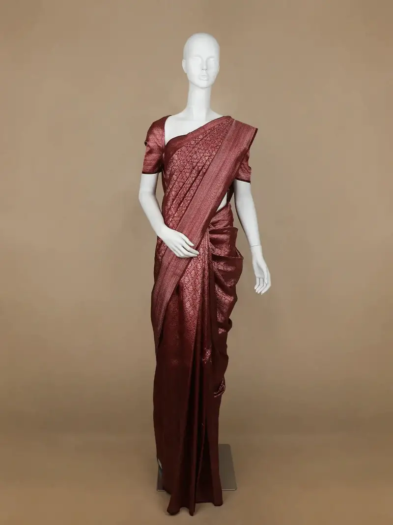 Dark Red Floral Woven Pure Kanchipuram Silk Saree 1