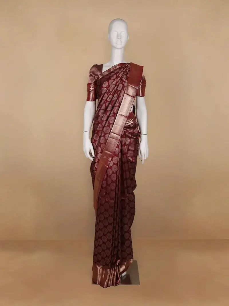 Dark Red Floral Woven Pure Kanchipuram Silk Saree 1