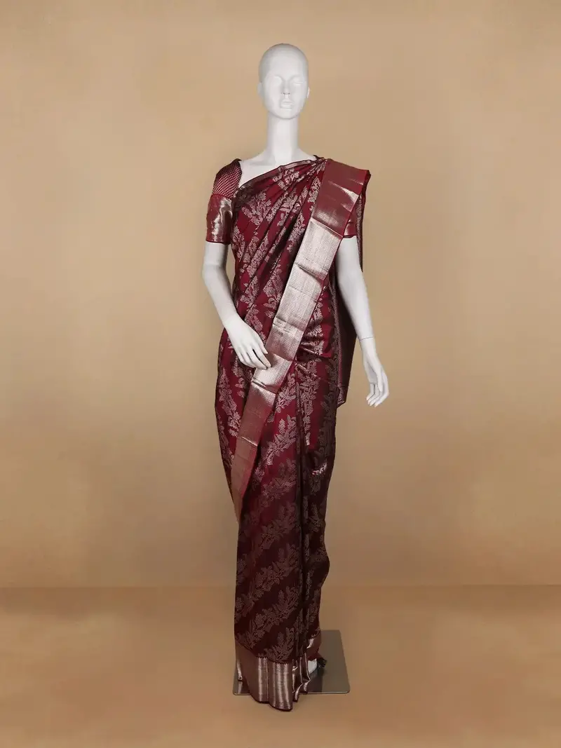 Dark Red Floral Woven Pure Kanchipuram Silk Saree 1