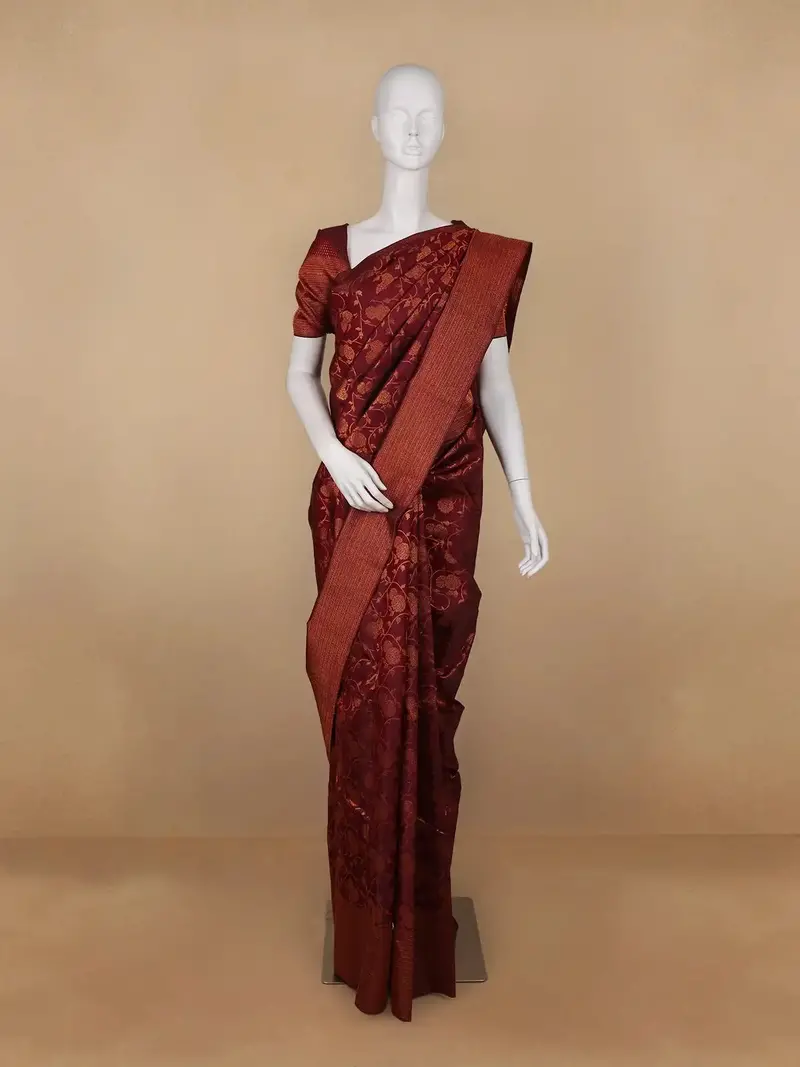 Dark Red Floral Woven Pure Kanchipuram Silk Saree 1