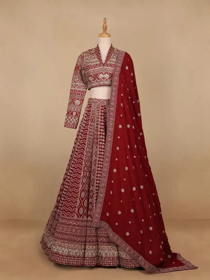 Dark Red Georgette Floral Designed Bridesmaid Lehenga 1