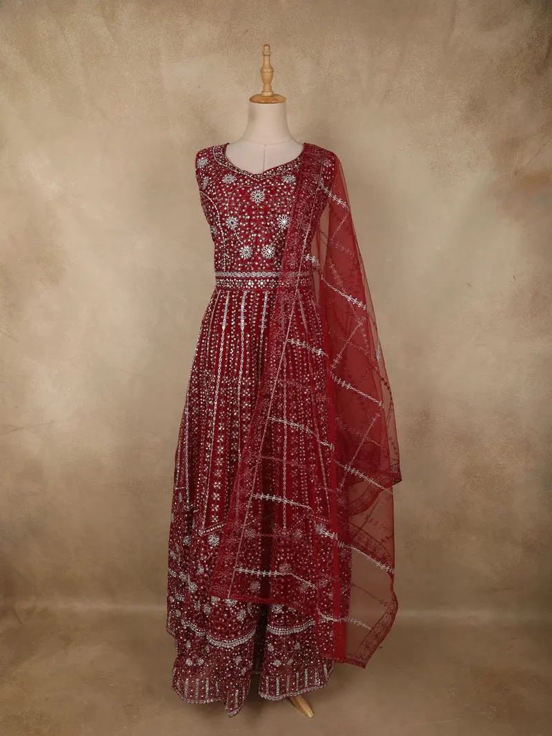 Dark Red Mirror And Zari Embroidered Design Net Gown With Dupatta 1