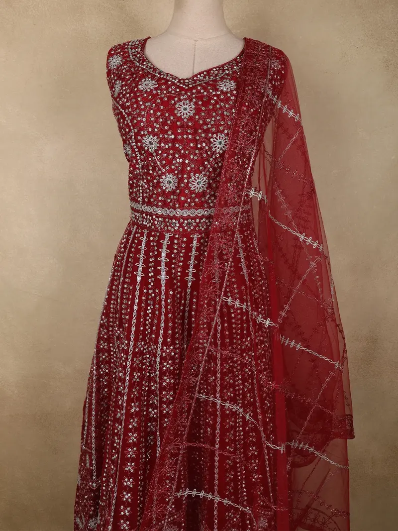 Dark Red Mirror And Zari Embroidered Design Net Gown With Dupatta 2