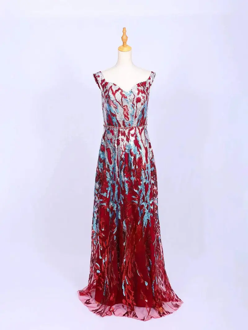 Dark Red Net Gown Embellished With Multicolor Sequins 1
