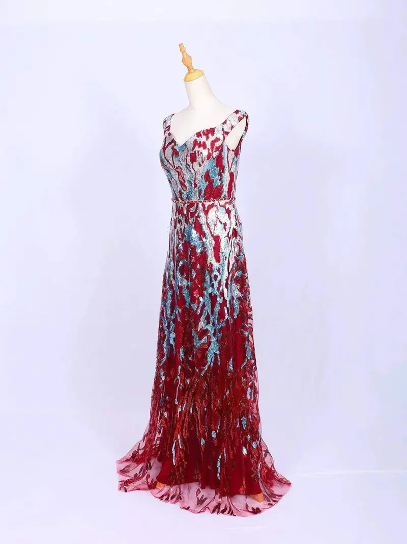 Dark Red Net Gown Embellished With Multicolor Sequins 2