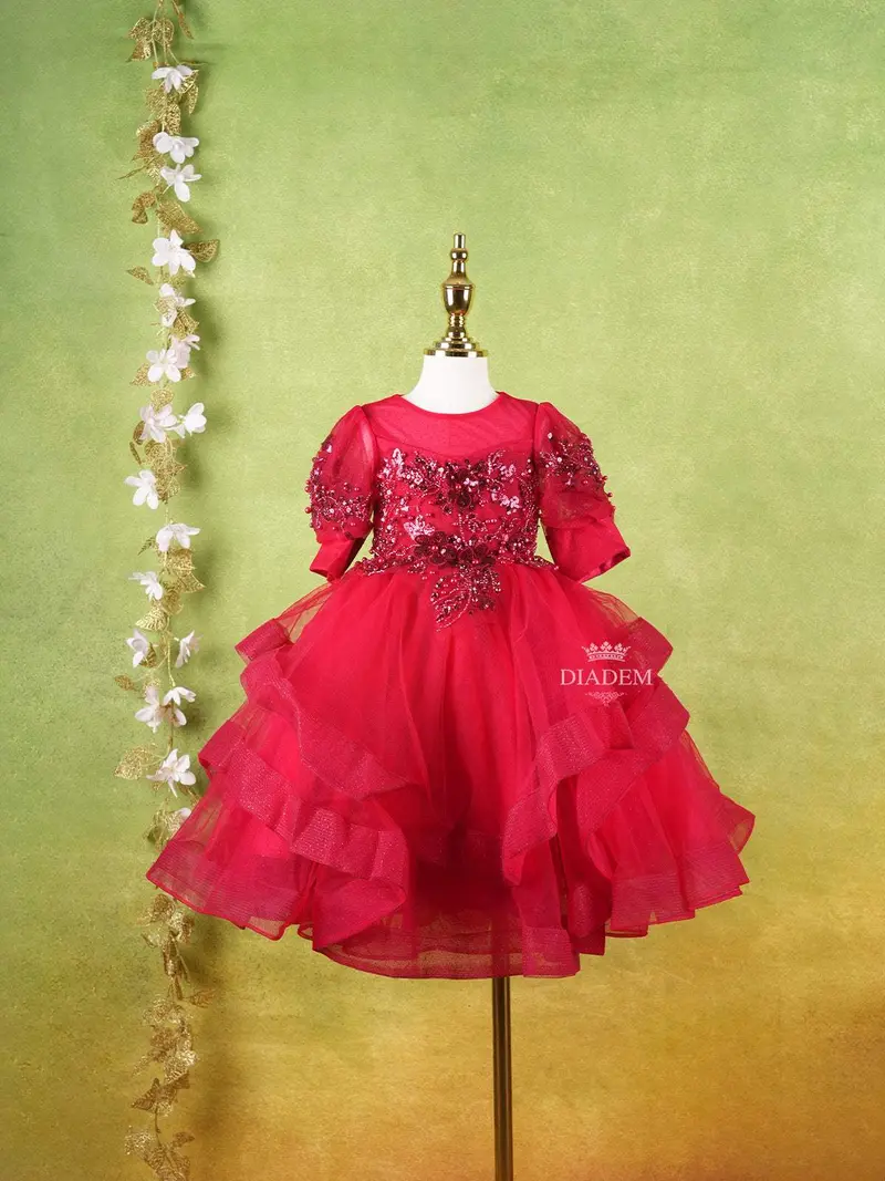 Dark Red Net Layered Gown Adorned With 3D Flowers And Sequins And Puff Sleeves 1