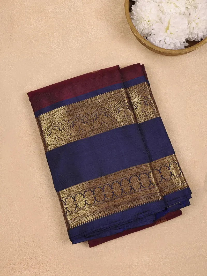 Dark Red Peacock Woven Pure Kanchipuram Silk Saree 1