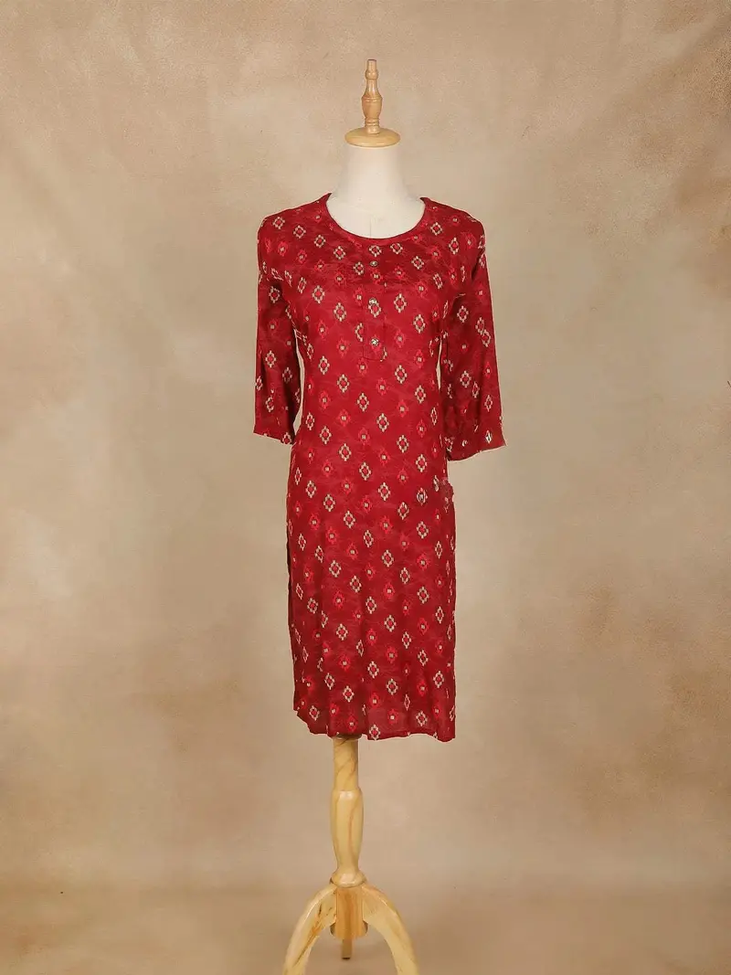 Dark Red Printed Designs Cotton Kurti 1
