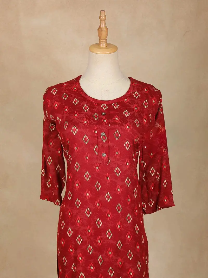Dark Red Printed Designs Cotton Kurti 2