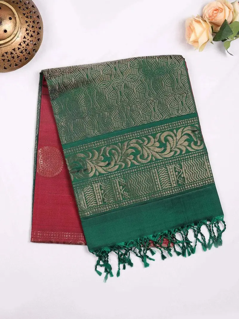 Dark Red Pure Kanchipuram Bridal Silk Saree With Zari Butta On The Body And Contrast Zari Border 2