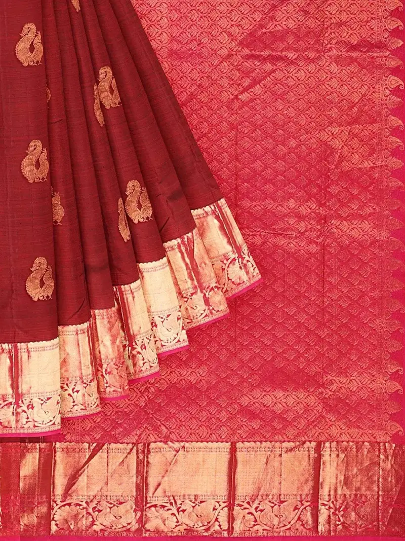 Dark Red Pure Kanchipuram Saree With Peacock Motif On The Body And Zari Border 1