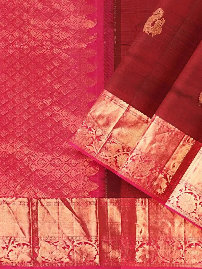 Dark Red Pure Kanchipuram Saree With Peacock Motif On The Body And Zari Border 2
