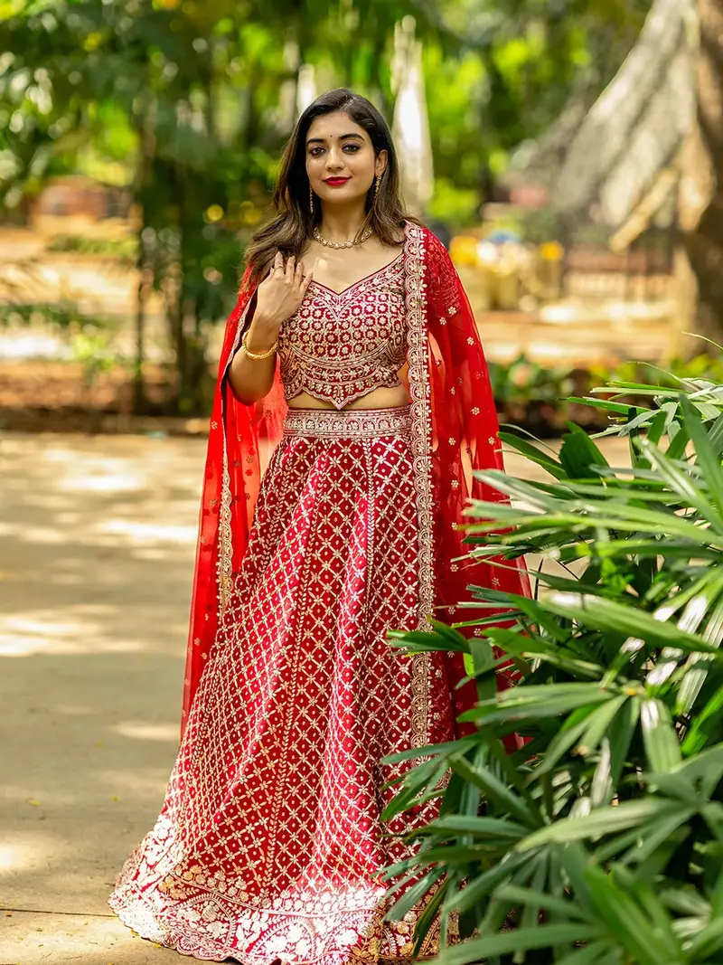 Dark Red Raw Silk Floral Designed Bridesmaid Lehenga 1