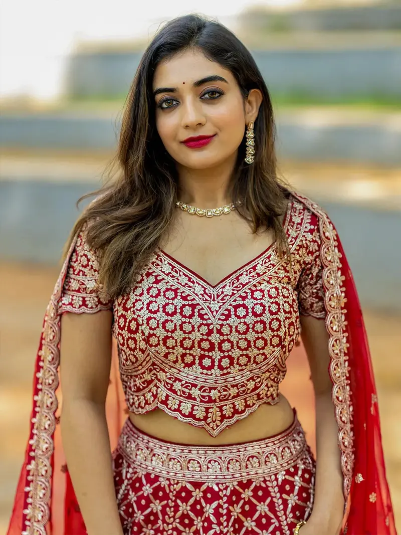 Dark Red Raw Silk Floral Designed Bridesmaid Lehenga 2