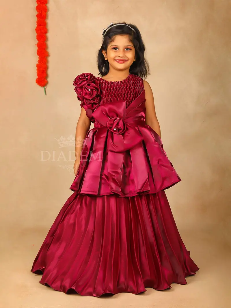 Dark Red Satin Gown With Attached Bow And One-Side Ruffle Sleeve 1