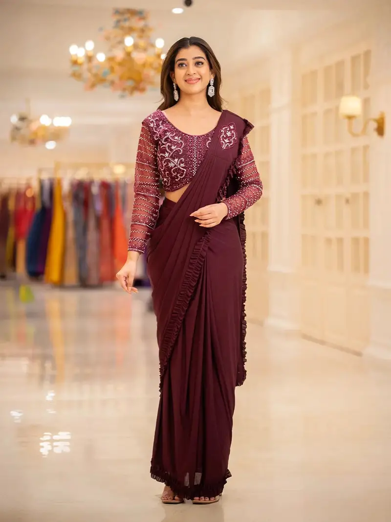 Dark Red Satin Ready To Wear Saree With Plain Body Paired With Designer Blouse 1