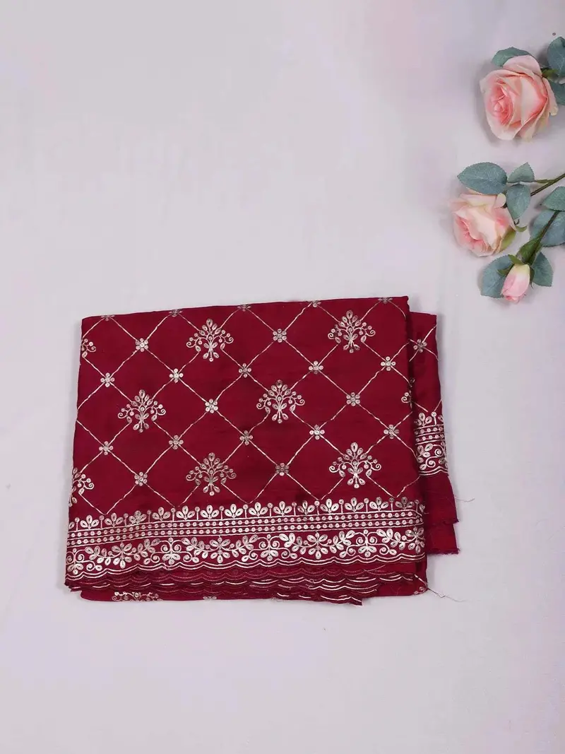 Dark Red Satin Saree With Floral Designs On The Body And Embroidery Border 1