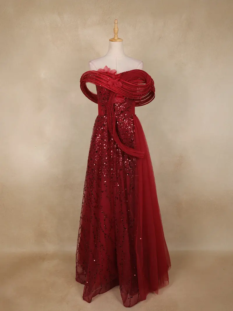 Dark Red Sequins Embellished Design Net Mermaid Gown With 3D Draped Shoulder Design 1