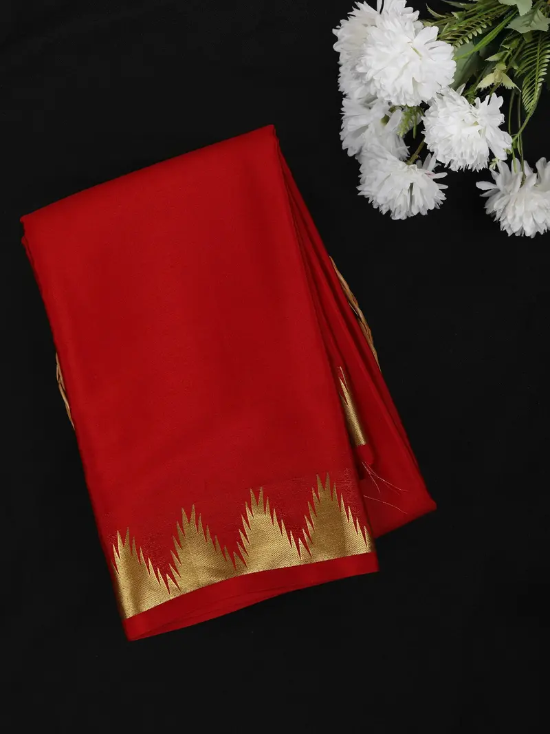 Dark Red Solid Woven Design Pure Mysore Silk Saree With Temple Zari Border 1