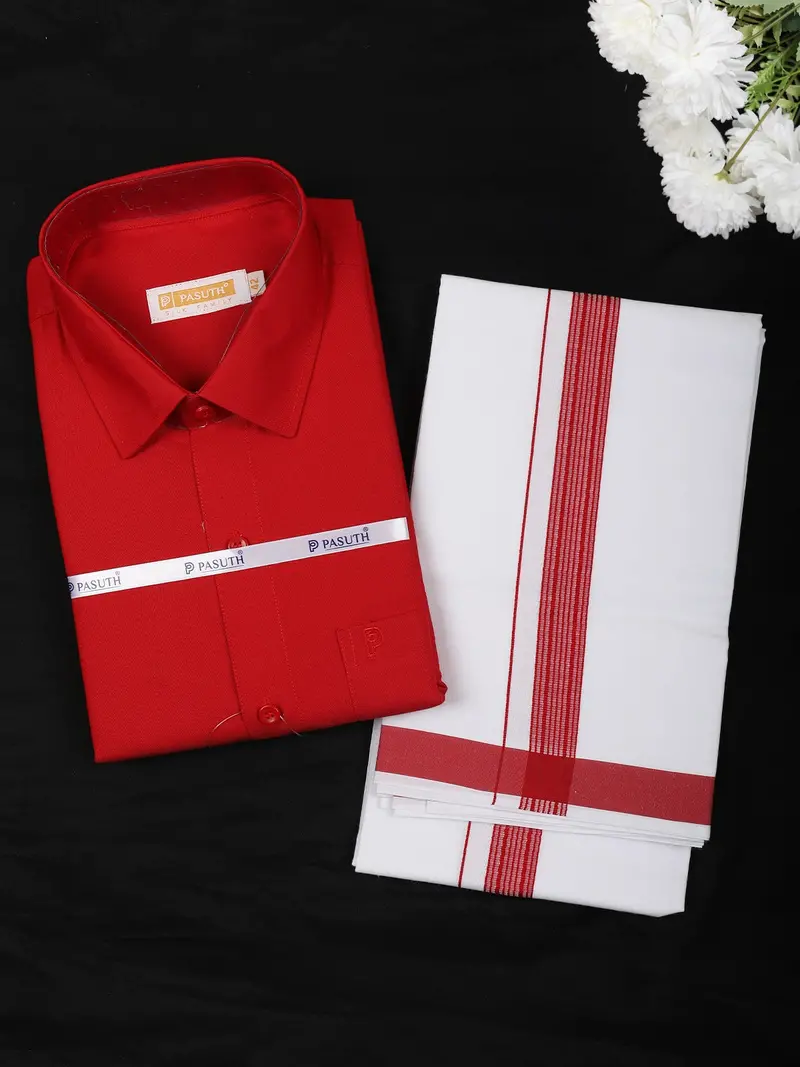 Dark Red Solid Woven Design Shirt With Dhoti Set 1