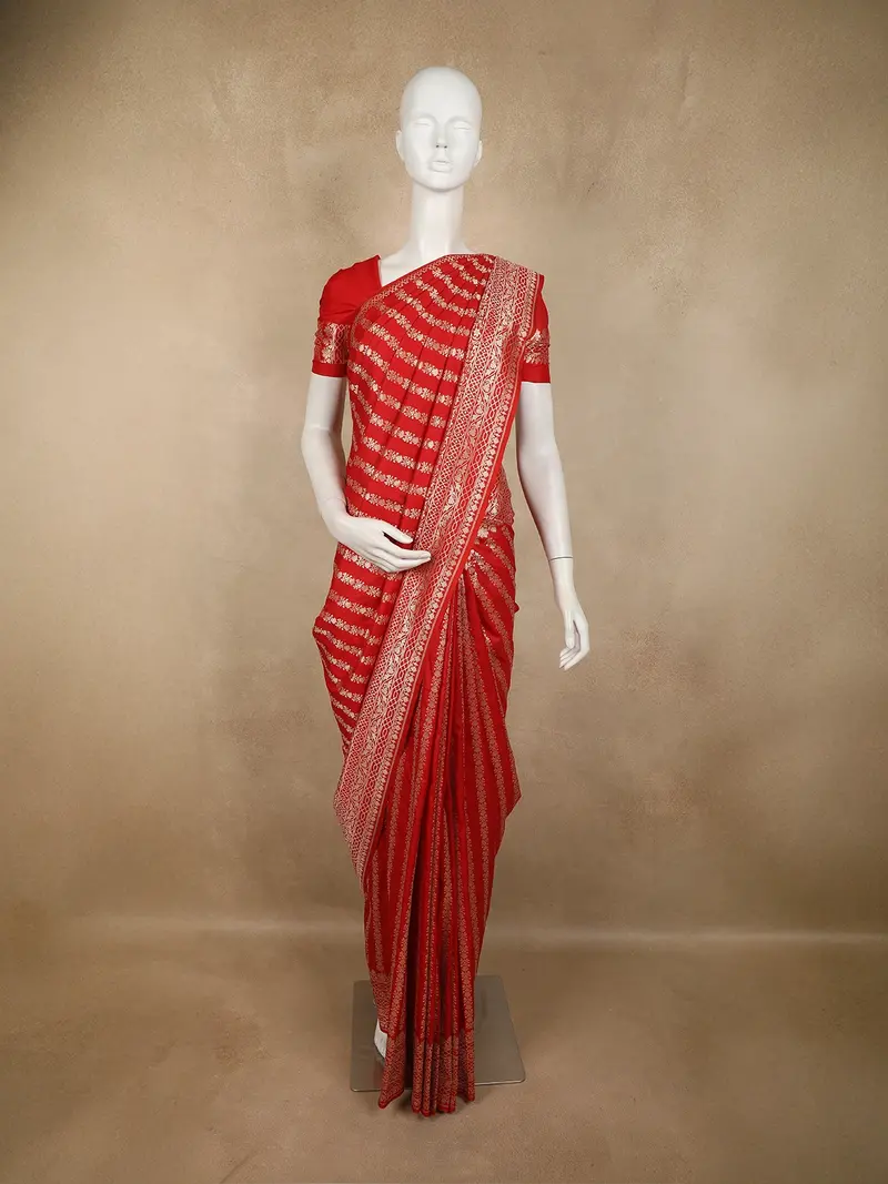Dark Red Striped Zari Woven Design Banarasi Silk Saree With Zari Border 1