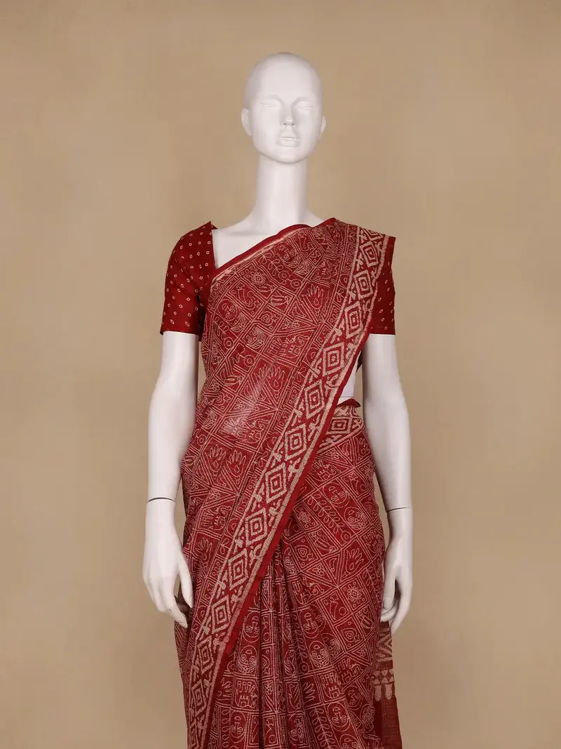 Dark Red Warli Designed Soft Silk Saree 2