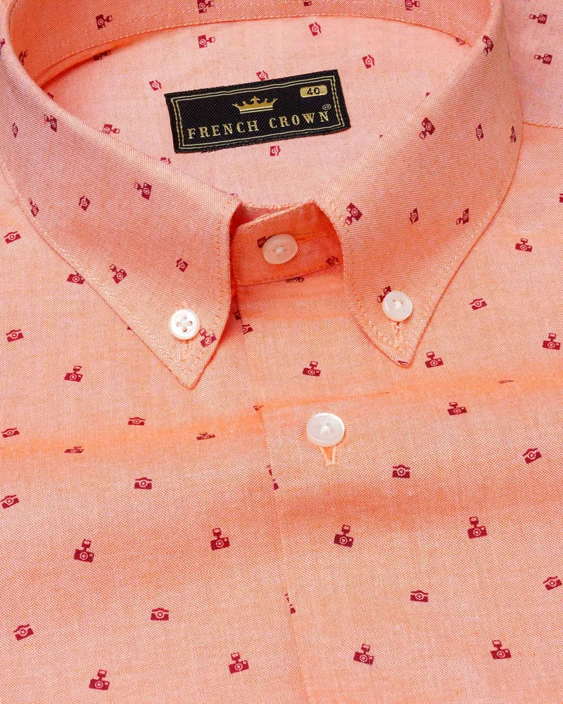 Dark Salmon Peach Camera Printed Royal Oxford Shirt 1