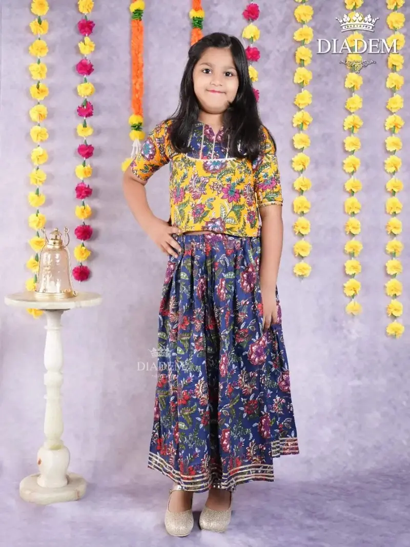 Dark Slate Blue Lehenga Enhanced In Floral Prints With Jacket 1