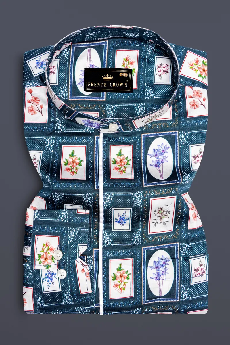 Dark Slate Blue With Wild Sand White Multicolour Printed Super Soft Premium Cotton Designer Shirt 4