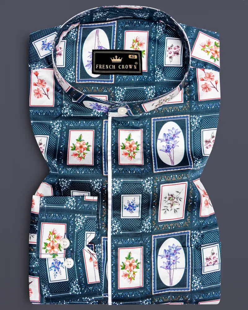 Dark Slate Blue With Wild Sand White Multicolour Printed Super Soft Premium Cotton Designer Shirt 8