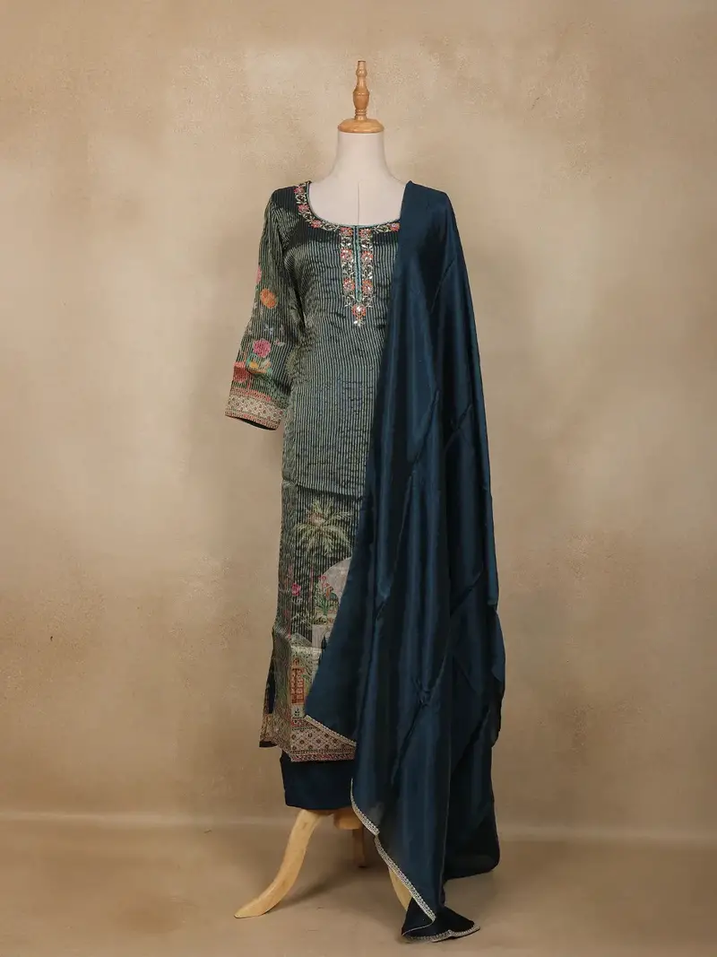 Dark Teal Blue Embroidered Design Tissue Silk Salwar Suit 1