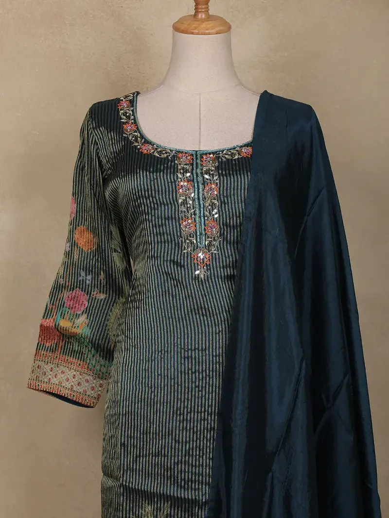 Dark Teal Blue Embroidered Design Tissue Silk Salwar Suit 2