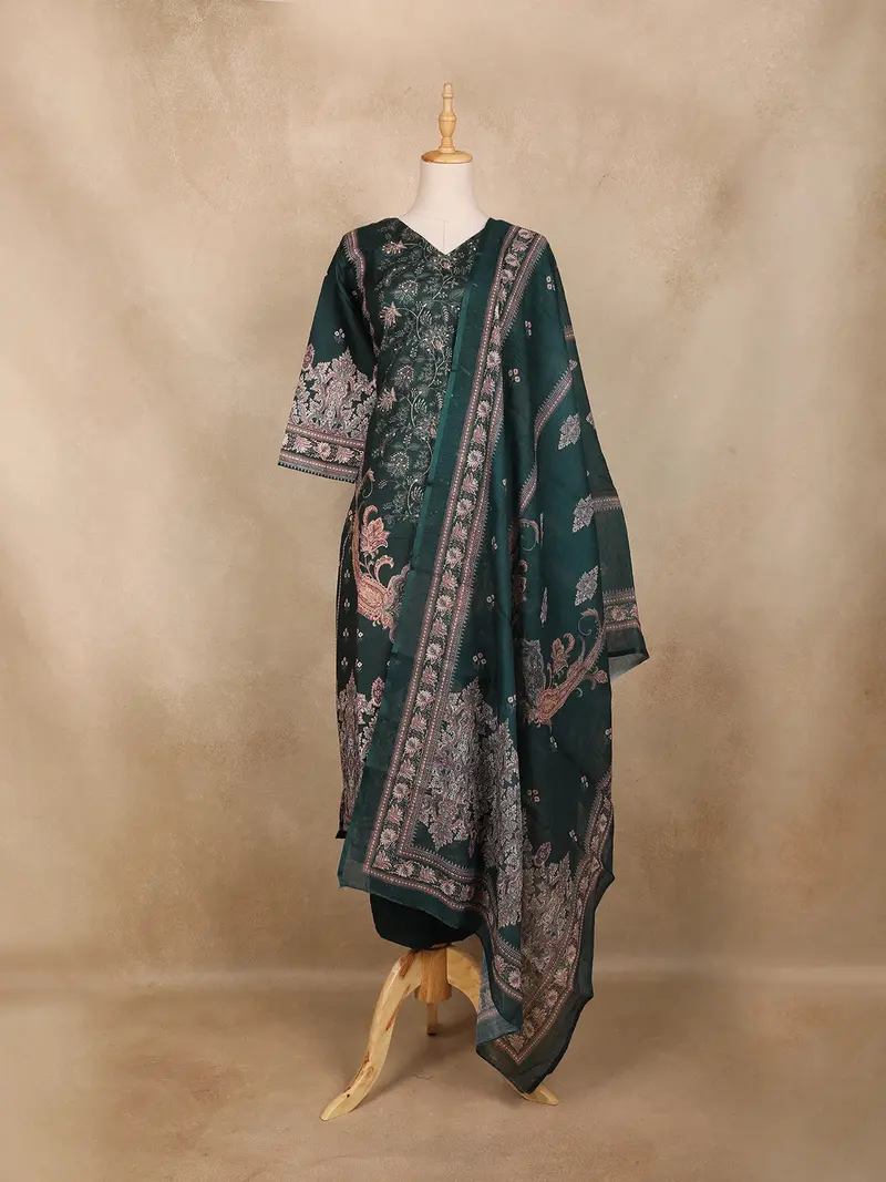 Dark Teal Green Floral Printed Cotton Salwar Suit 1
