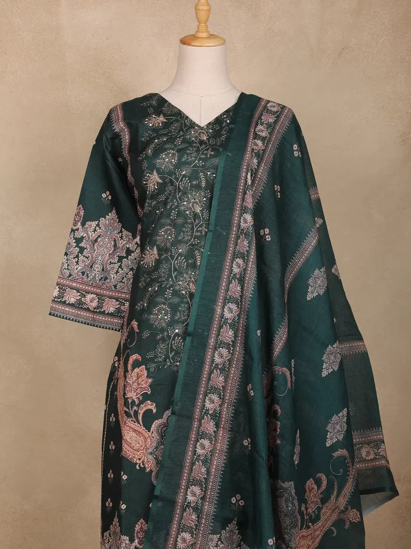 Dark Teal Green Floral Printed Cotton Salwar Suit 2