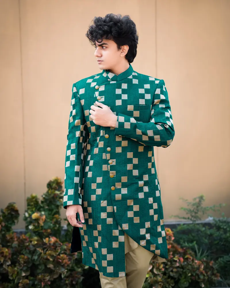 Dark Teal Green With Periglacial Cream Checked Velvet With Cotton Embroidered Thread Work Asymmetrical Patterned Cross Placket Bandhgala Sherwani 1