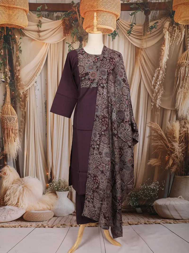 Dark Wine Floral Printed Design Cotton Straight Cut Salwar Suit With Dupatta 1