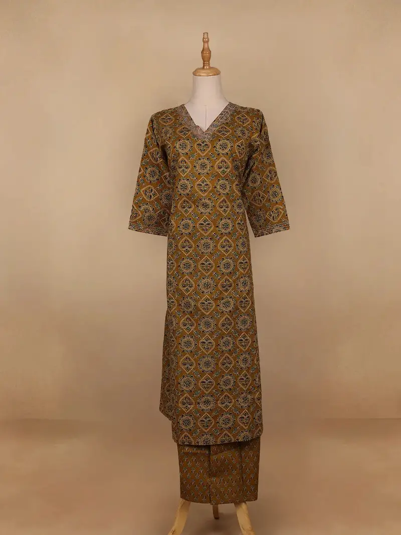 Dark Yellow Floral Designed Cotton Salwar Suit 1