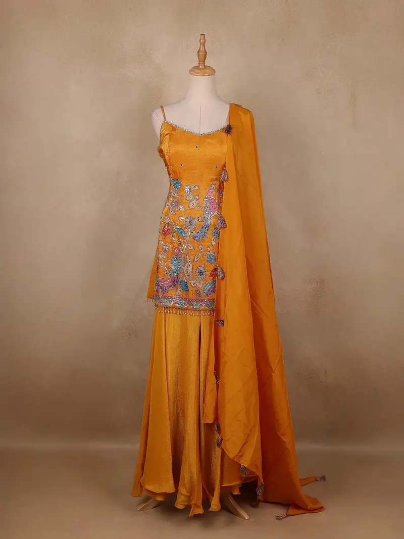 Dark Yellow Floral Embroidery Organza Palazzo Salwar Suit 1