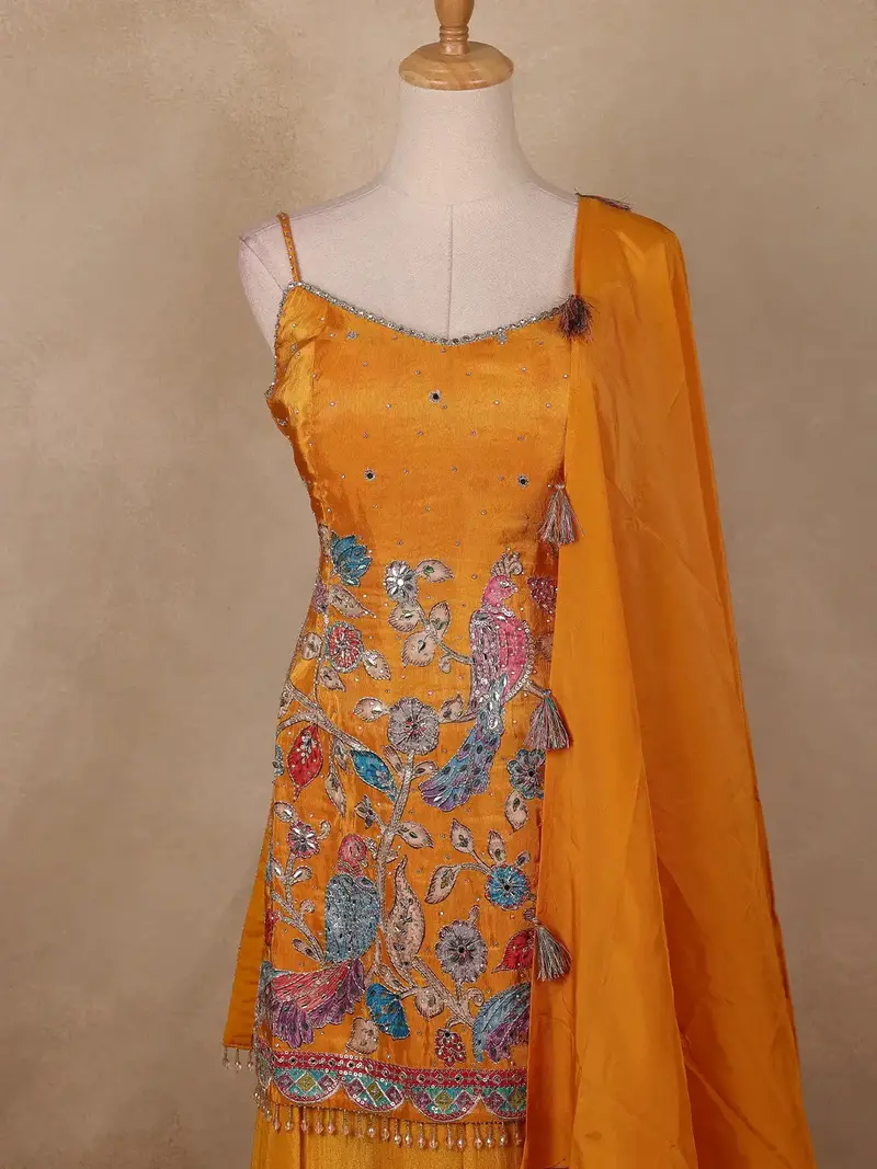 Dark Yellow Floral Embroidery Organza Palazzo Salwar Suit 2