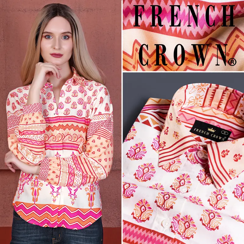 Dawn Cream And Cerise Pink Multicolour Floral And Geometric Printed Premium Tencel Designer Shirt 1