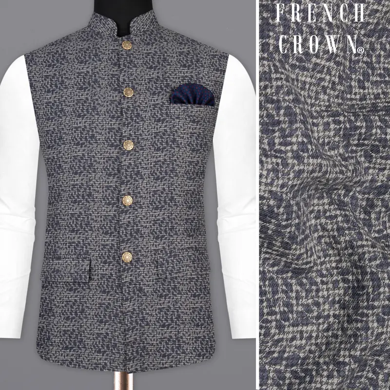 Dawn Gray And Gunmetal Blue Subtle Textured Premium Cotton Designer Nehru Jacket 1