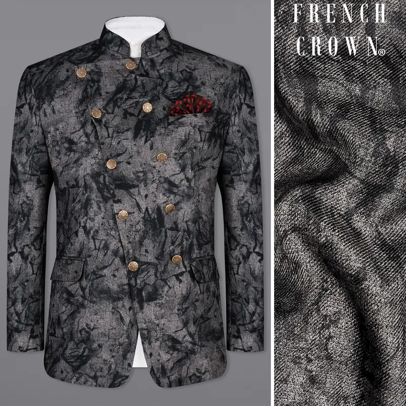 Dawn Gray And Onyx Black Textured Cross Placket Bandhgala Designer Blazer 1