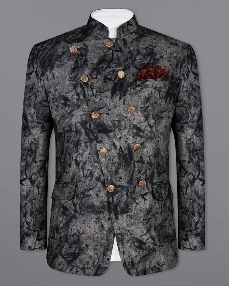 Dawn Gray And Onyx Black Textured Cross Placket Bandhgala Designer Blazer 2