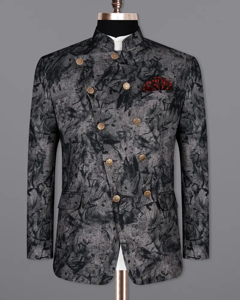 Dawn Gray And Onyx Black Textured Cross Placket Bandhgala Designer Blazer 8