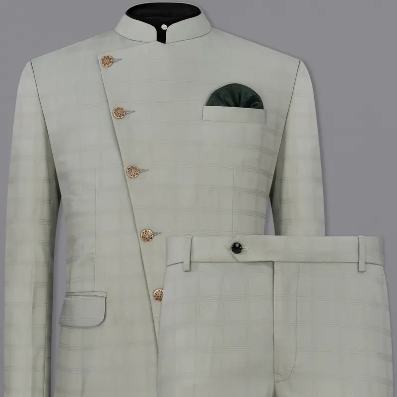 Dawn Gray Plaid Cross Placket Bandhgala Suit 19