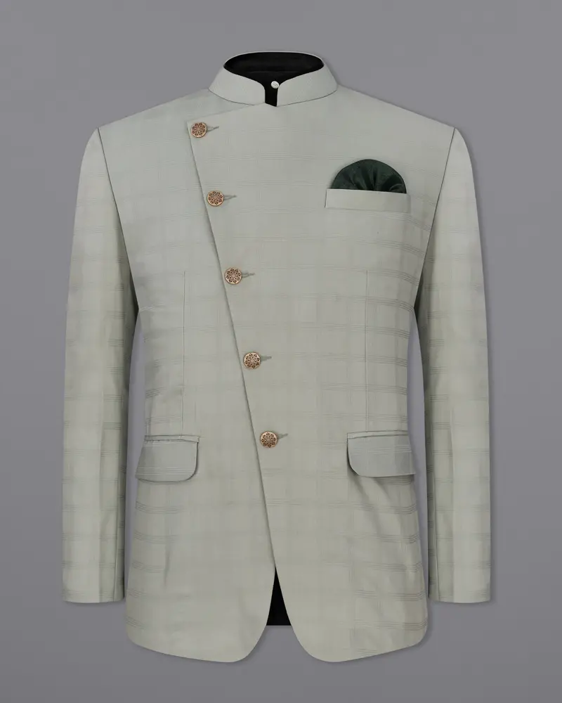 Dawn Gray Plaid Cross Placket Bandhgala Suit 9